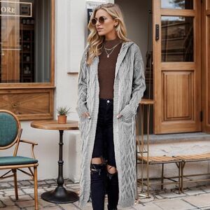 Women Hooded Open Front Cardigan Cable Knit Sweater Coats Gray Chunky Oversized